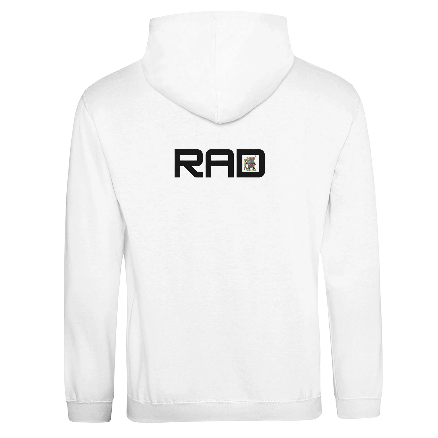 White hoodie with 'RAD' logo on the back against a white background
