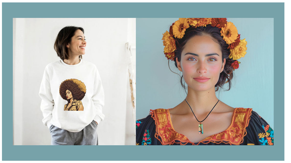 Two people, one wearing a sweatshirt with a graphic of another person and the other in traditional attire with floral headpiece.