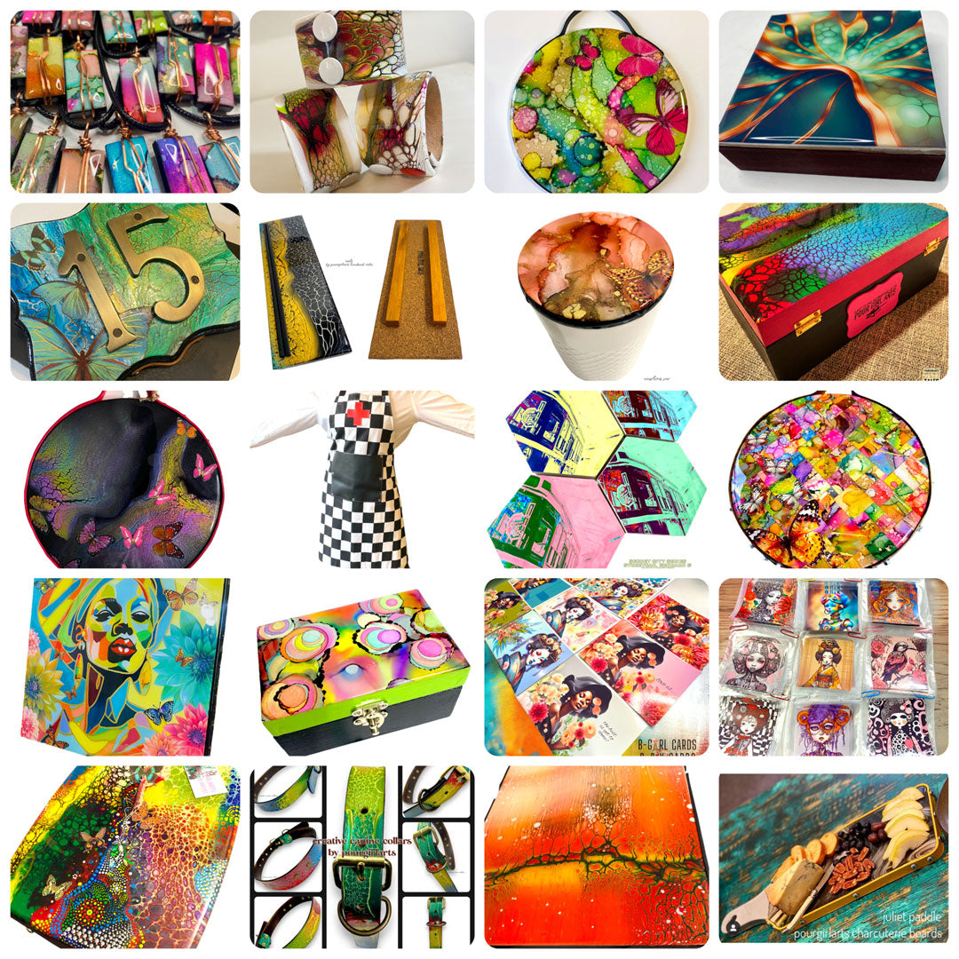 Collage of various colorful decorative items including boxes, coasters, and tumblers.