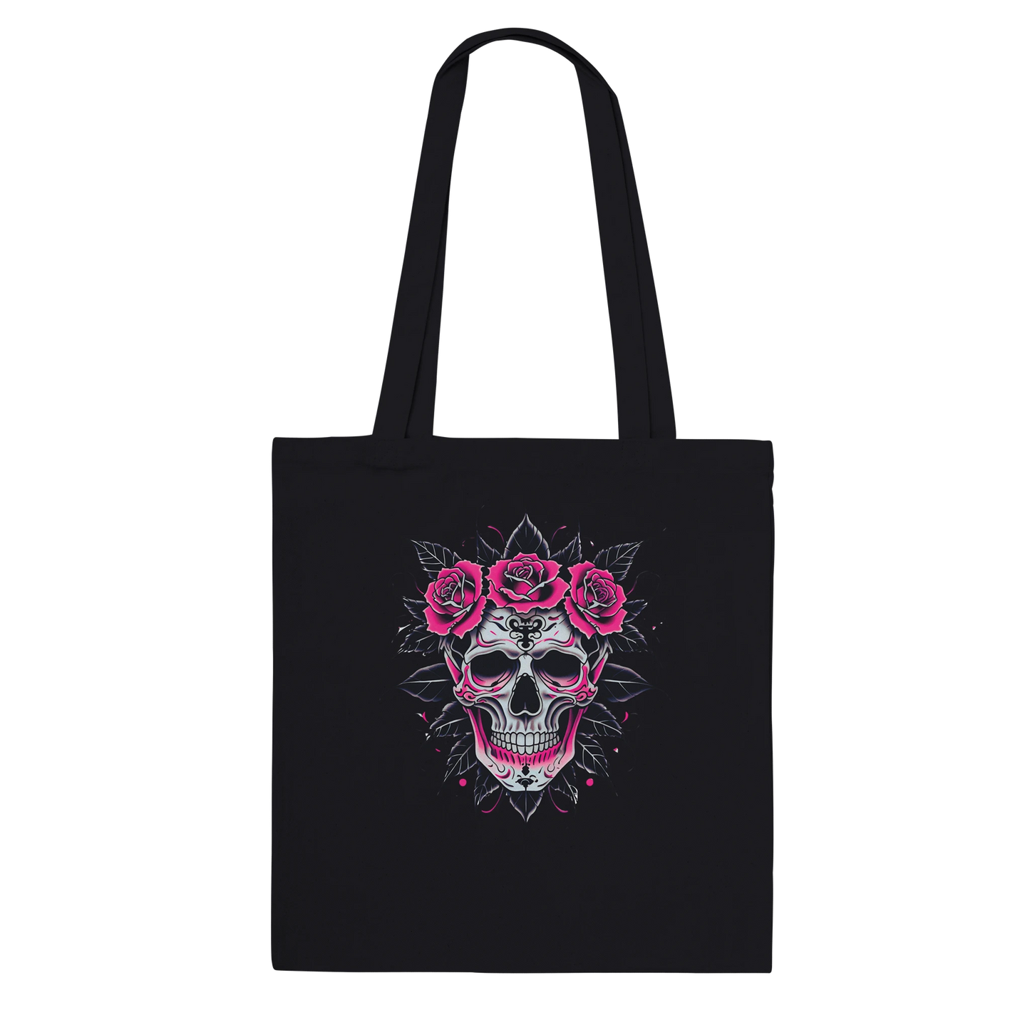 Black tote bag with a skull and roses design on a white background