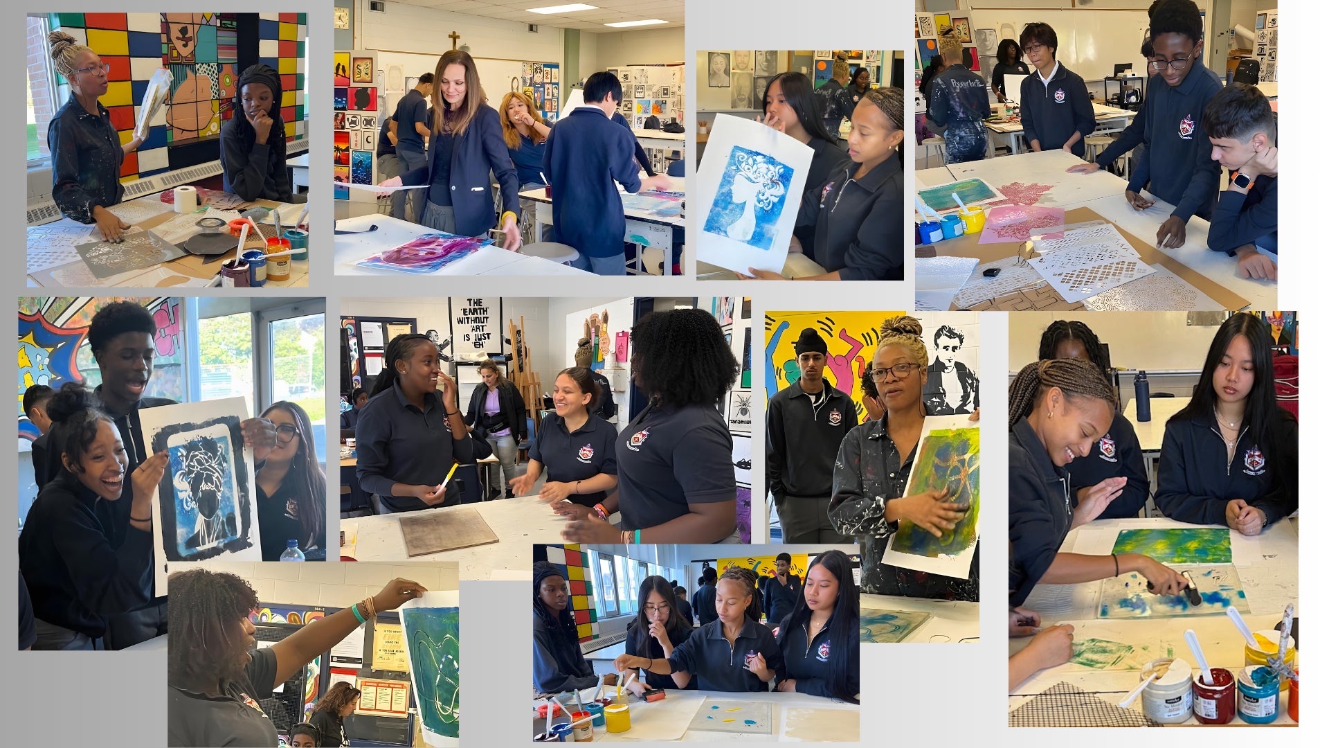 Collage of students in a classroom setting with art supplies and artwork.
